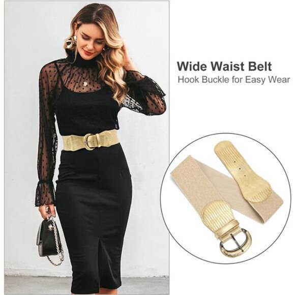 Women Stretchy Wide Waist Belt Gold - Picture 2 of 5